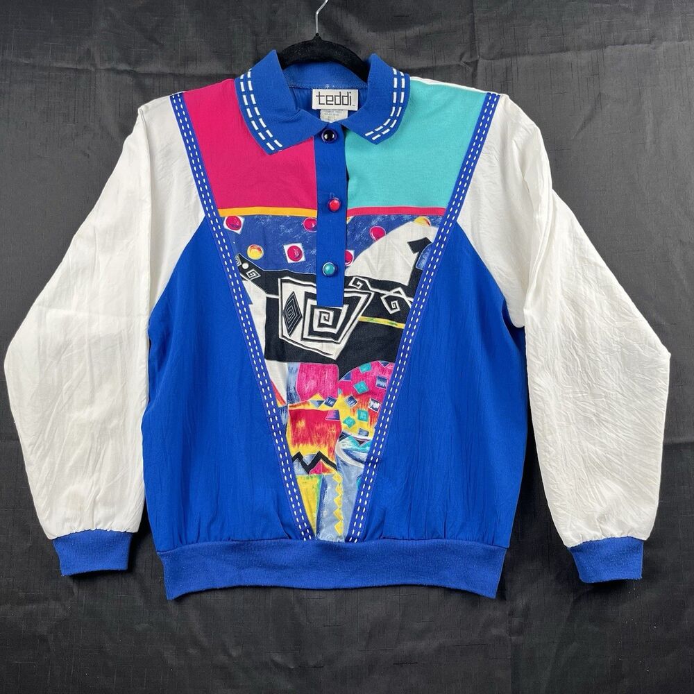 Vintage 80s Teddi Sport Geometric Pullover Sweatshirt Medium Retro Colorblock S